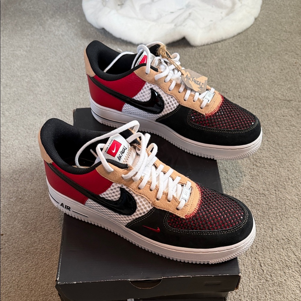 Nike Air Force 1 Low ‘07 LV8 Red Black Tan Sneakers - Picture 3 of 5